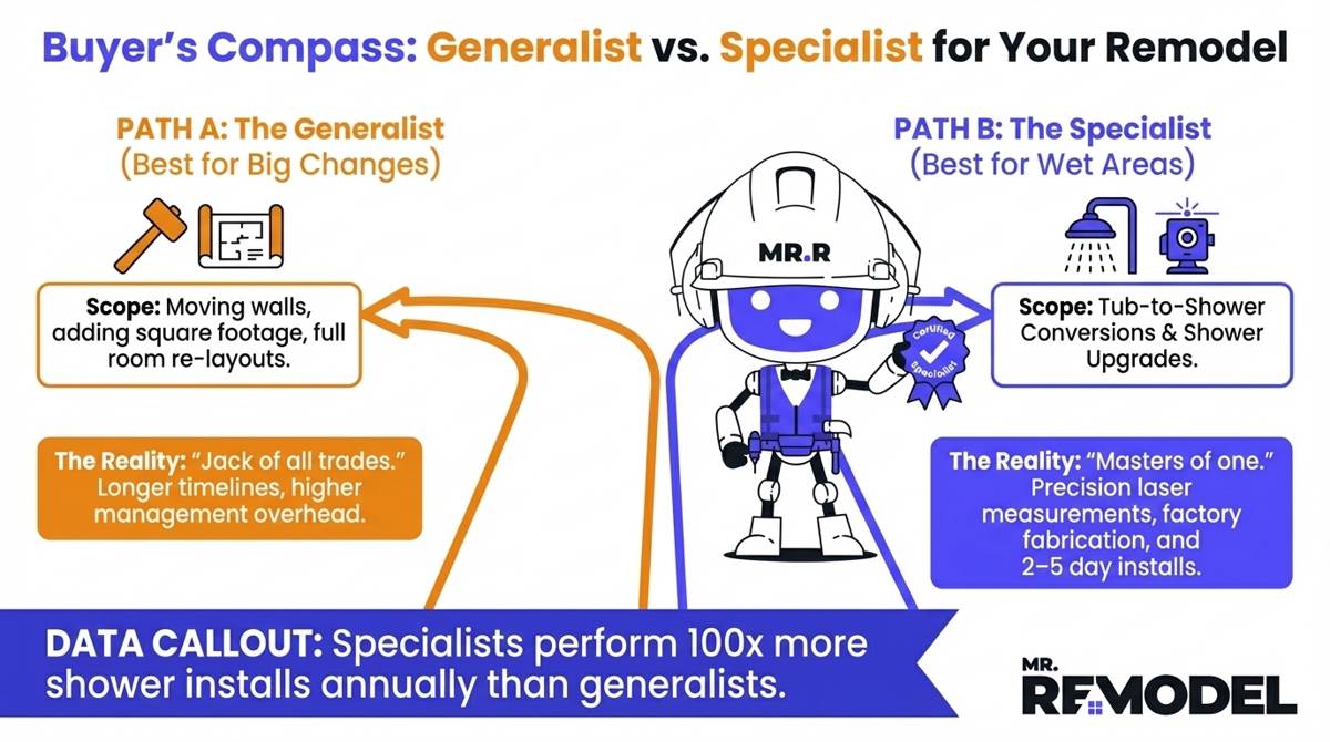A contractor selection infographic comparing the roles of general contractors and wet-area specialists, illustrating why specialists are the high-efficiency choice for 2026 tub-to-shower conversions.